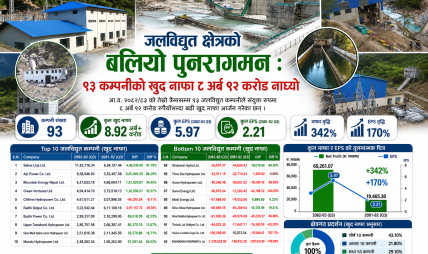 जलविद्युत क्षेत्रको बलियो पुनरागमन : ९३ कम्पनीको खुद नाफा ८ अर्ब ९२ करोड नाघ्यो