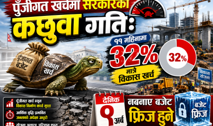 पुँजीगत खर्चमा सरकारको कछुवा गति: ११ महिनामा ३२ प्रतिशत मात्रै विकास खर्च, दैनिक ९ अर्ब नबनाए बजेट फ्रिज हुने
