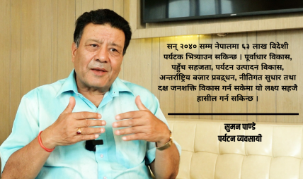 ६३ लाख पर्यटक भित्र्याउने लक्ष्यले नेपालको अर्थतन्त्र बदल्न सक्छ : सुमन पाण्डे ६३ लाख पर्यटक भित्र्याउने लक्ष्यले नेपालको अर्थतन्त्र बदल्न सक्छ : सुमन पाण्डे